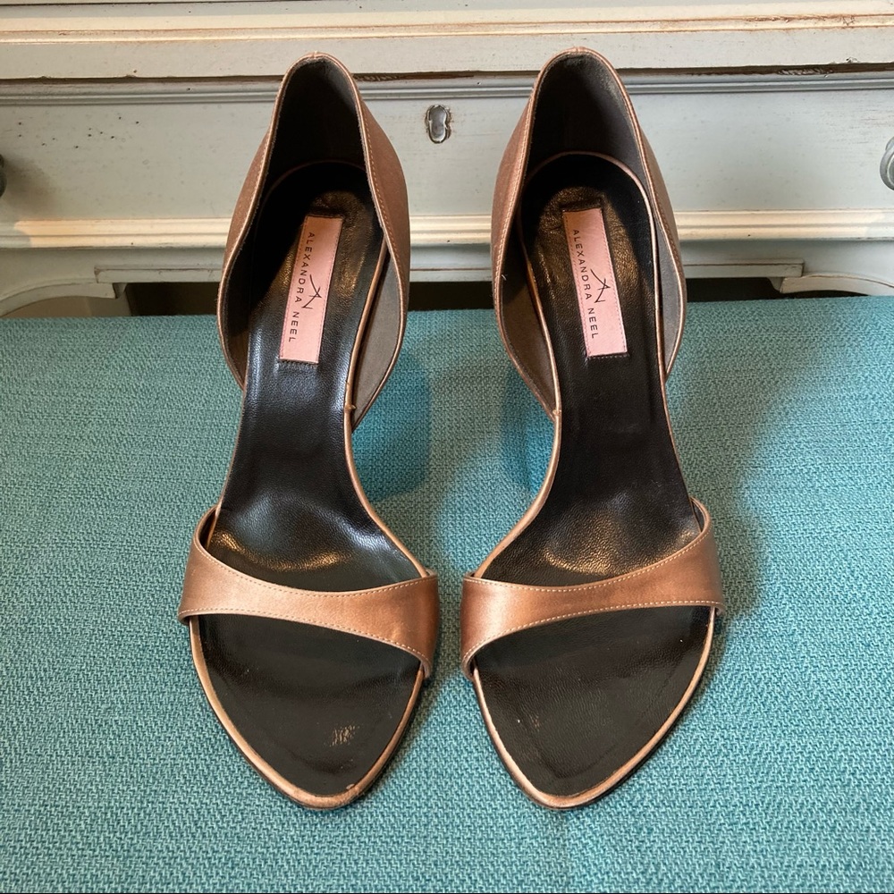 Alexandra Neel Elegant Satin Heels with Metallic Vine Embellishment on Back Heel